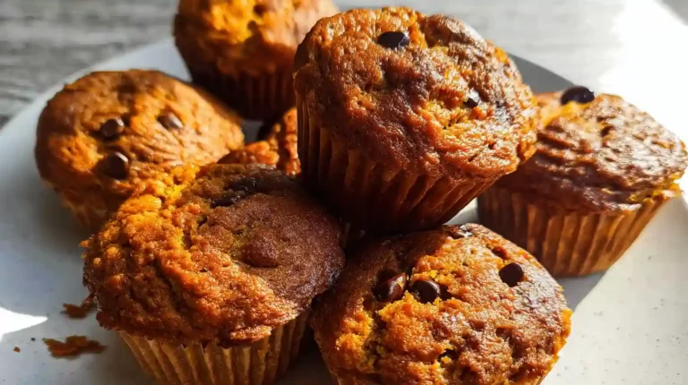 Stack of golden gluten free pumpkin muffins topped with chocolate chips on a white plate