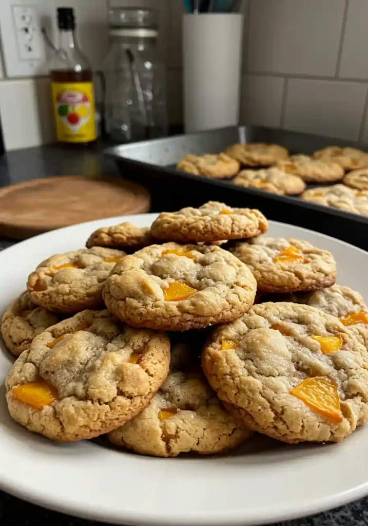 Simple Peach Cobbler Cookies Freshly baked peach cobbler cookies on parchment-lined baking sheet with golden edges and set centers