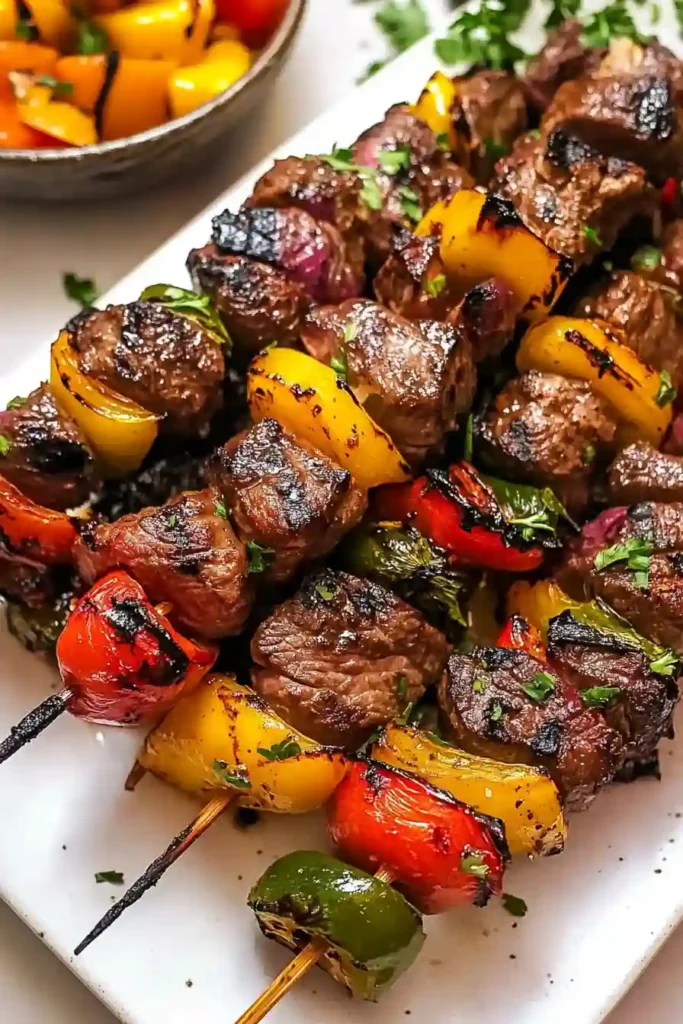 Steak and vegetable kabobs sizzling on the grill with visible sear marks