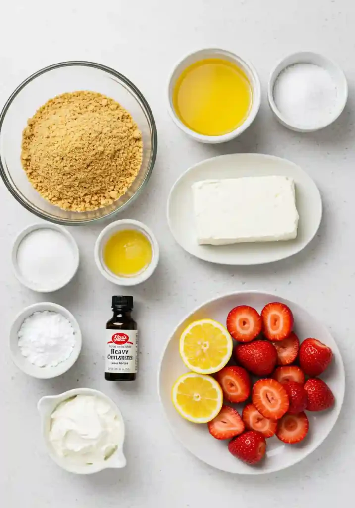 Display of cream cheese, graham crackers, strawberries, butter, and other ingredients for no bake strawberry cheesecake