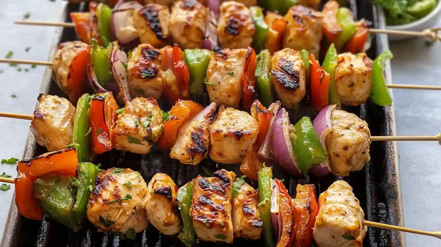 Platter of juicy chicken kabobs on the grill with vegetables and fresh herbs