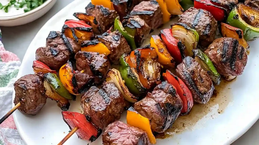 Grilled steak kabobs with vegetables on a platter, ready to serve