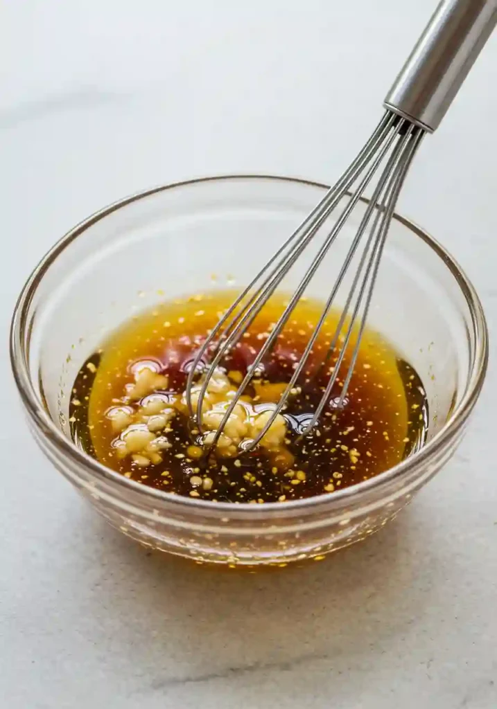 Raw Carrot Salad Recipe Whisking Asian dressing ingredients in small bowl for Raw Carrot Salad recipe