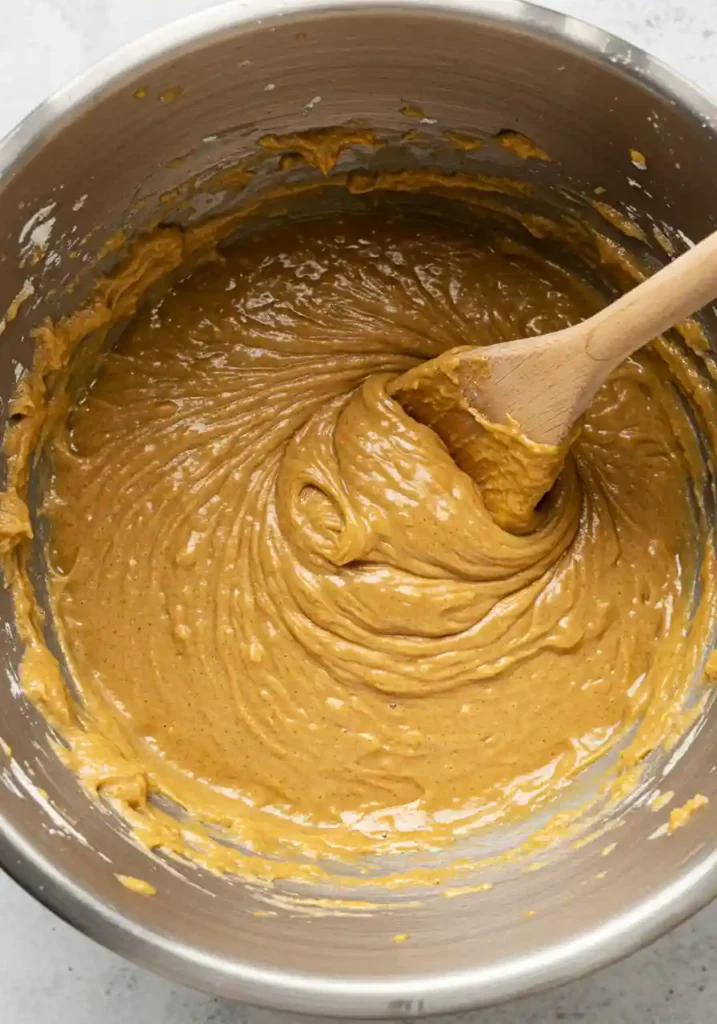 Whisking brown butter with sugars and pumpkin puree in large mixing bowl for cookie dough