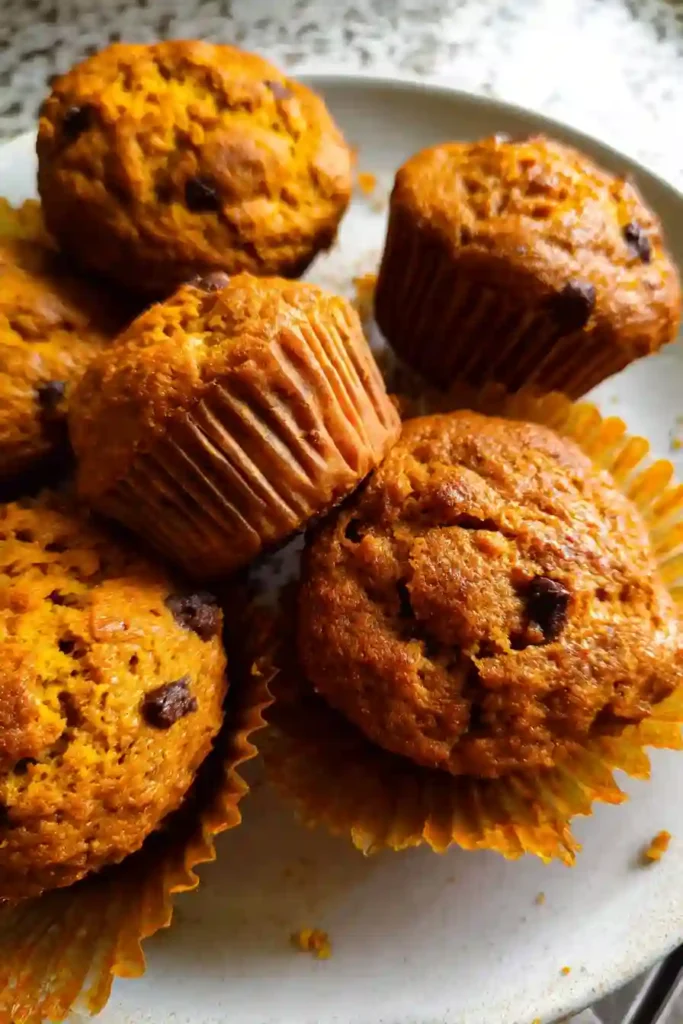 Gluten Free Pumpkin Muffins Bowl of orange pumpkin mixture with eggs, maple syrup, and oil being whisked smooth