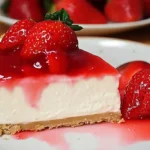 Whole no bake strawberry cheesecake with graham cracker crust and strawberry topping