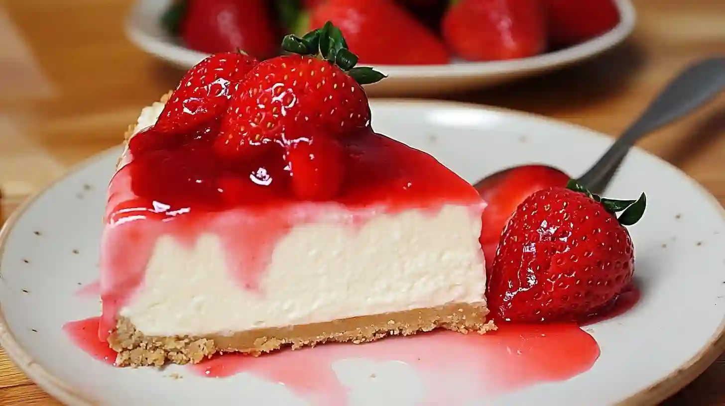 Whole no bake strawberry cheesecake with graham cracker crust and strawberry topping