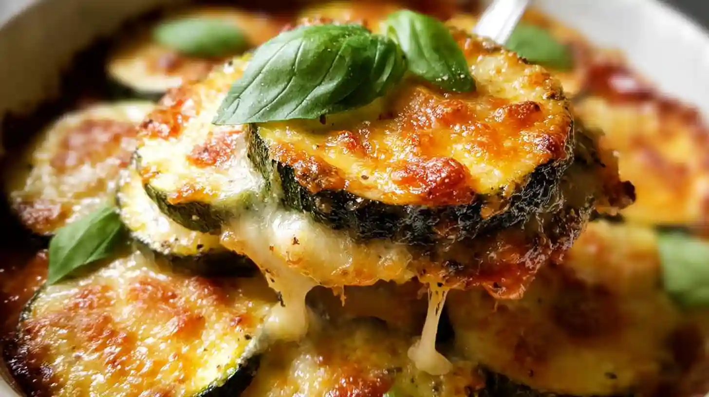 Golden baked Parmesan zucchini casserole with melted mozzarella cheese and crispy breaded zucchini slices in white baking dish