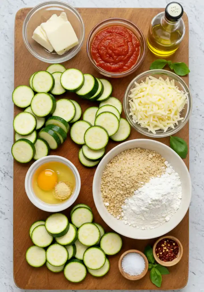 Fresh zucchini, Parmesan cheese, breadcrumbs, eggs, flour, and marinara sauce ingredients for Parmesan zucchini recipe