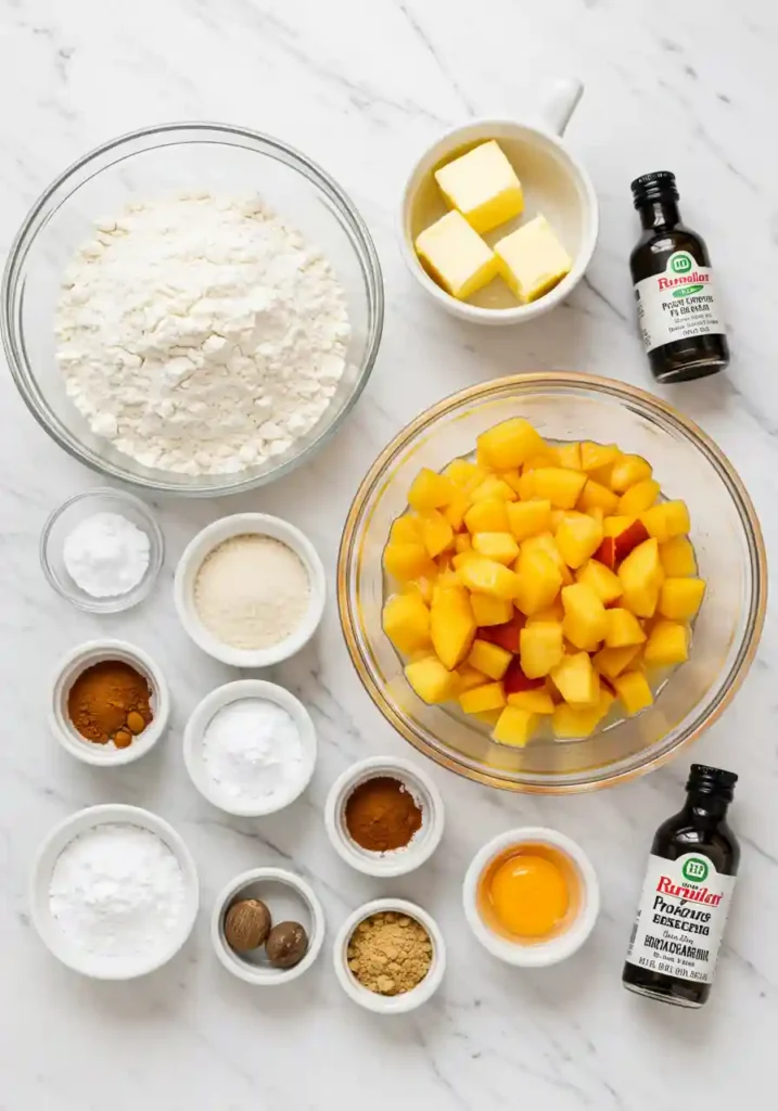 Simple Peach Cobbler Cookies Fresh diced peaches, butter, flour, brown sugar, cinnamon and baking ingredients arranged for peach cobbler cookies recipe