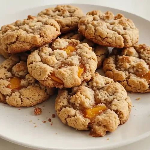 Golden peach cobbler cookies with visible peach chunks and buttery crumble topping on a rustic wooden board
