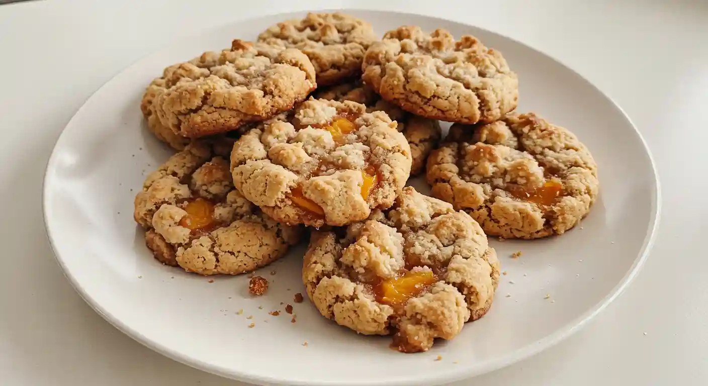 Golden peach cobbler cookies with visible peach chunks and buttery crumble topping on a rustic wooden board