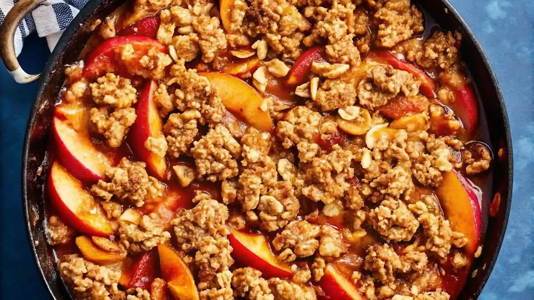 Peach Crisp Recipe You’ll Love – Easy & Crispy Dessert | QuikyKitchen Golden baked peach crisp with caramelized oat crumble in a cast iron skillet, top view.