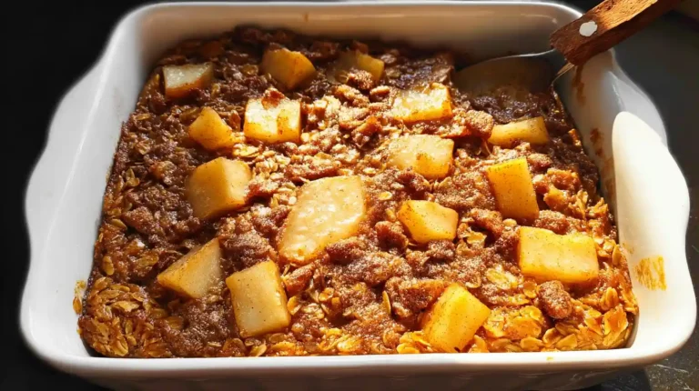 Golden brown pumpkin apple baked oatmeal in white baking dish with fork and maple syrup drizzle