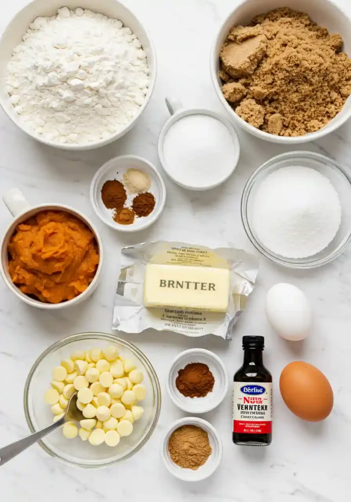 All Ingredients for Pumpkin Spice White Chocolate Cookies 