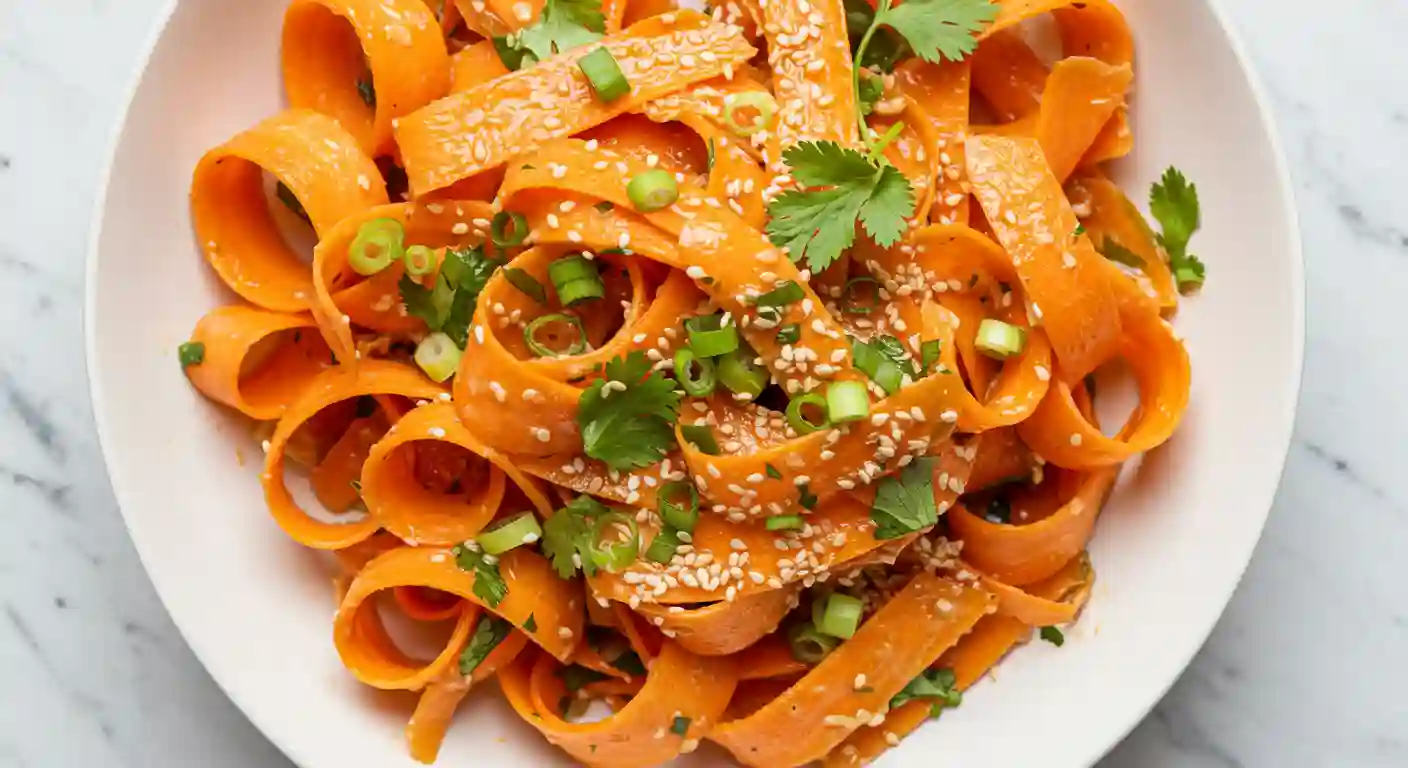 Viral Raw Carrot Salad with ribboned carrots, sesame seeds, and green onions in Asian dressing