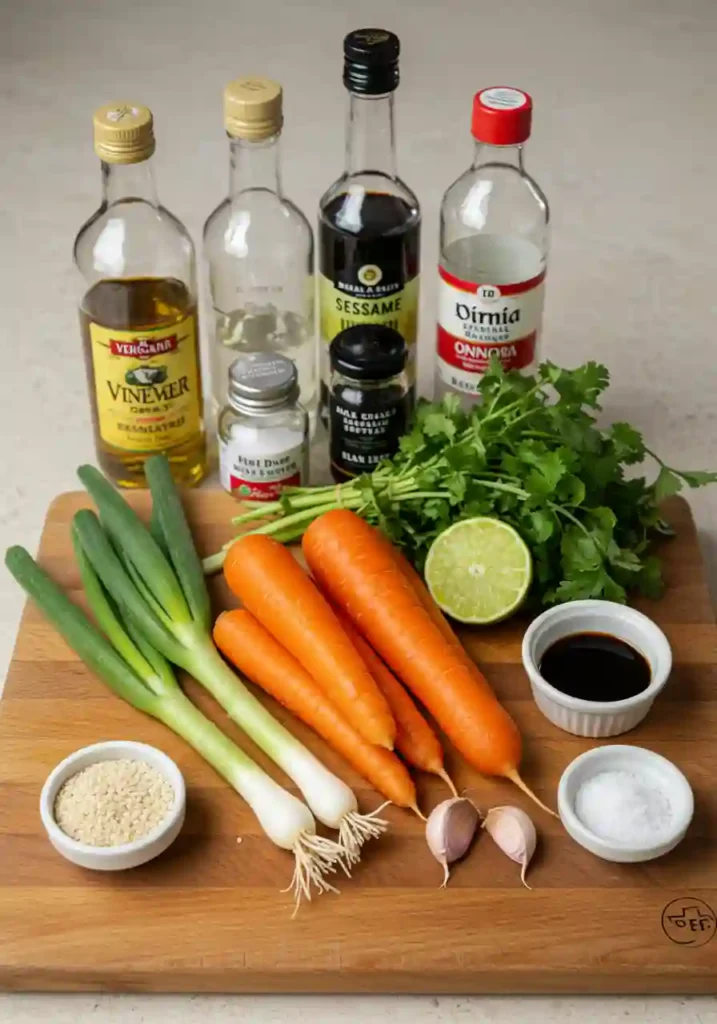 Raw Carrot Salad Recipe Raw Carrot Salad ingredients including fresh carrots, sesame oil, soy sauce, rice vinegar, and honey