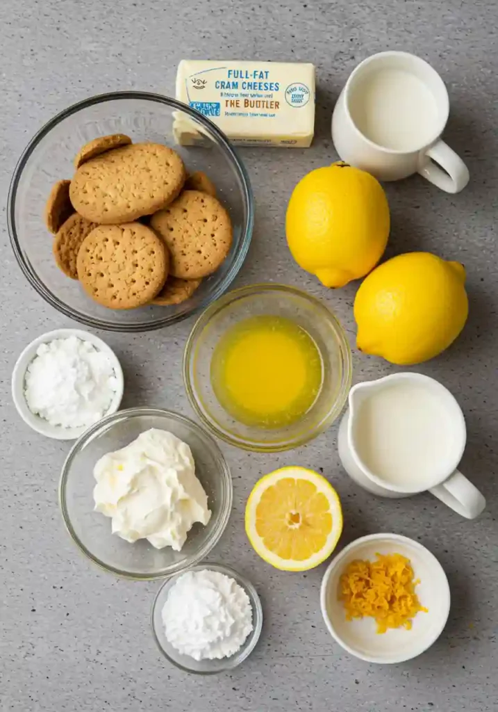 Ingredients for lemon cheesecake laid out on a table, including cream cheese, lemons, biscuits, and cream