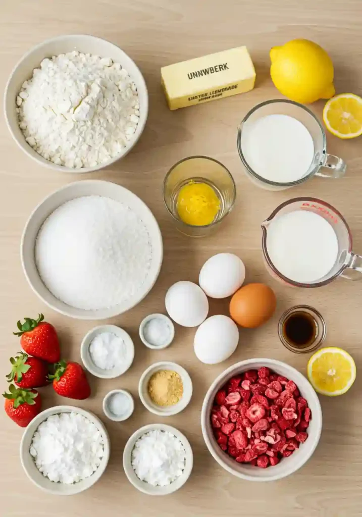 Measured ingredients for strawberry lemonade cake including flour, eggs, lemons, and butter