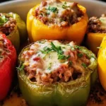 Fully baked stuffed bell peppers filled with beef, rice, and melted cheese