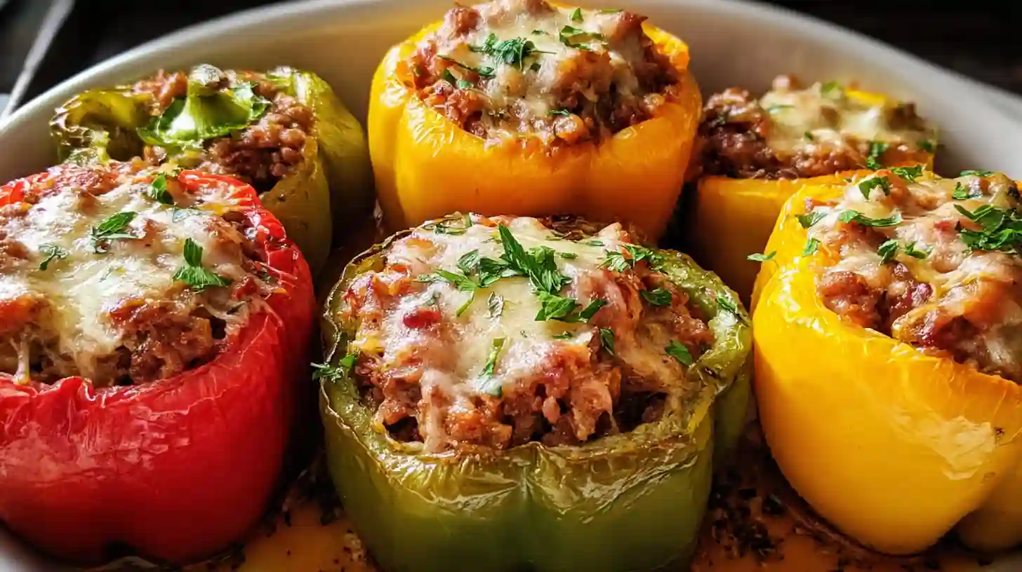 Fully baked stuffed bell peppers filled with beef, rice, and melted cheese