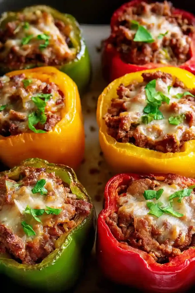 Stuffed Bell Peppers Ground Beef Spoon filling being added into hollowed-out bell peppers
