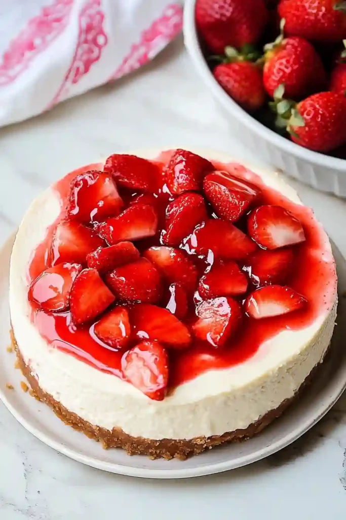 Spreading strawberry topping over the chilled no bake cheesecake with graham cracker crust