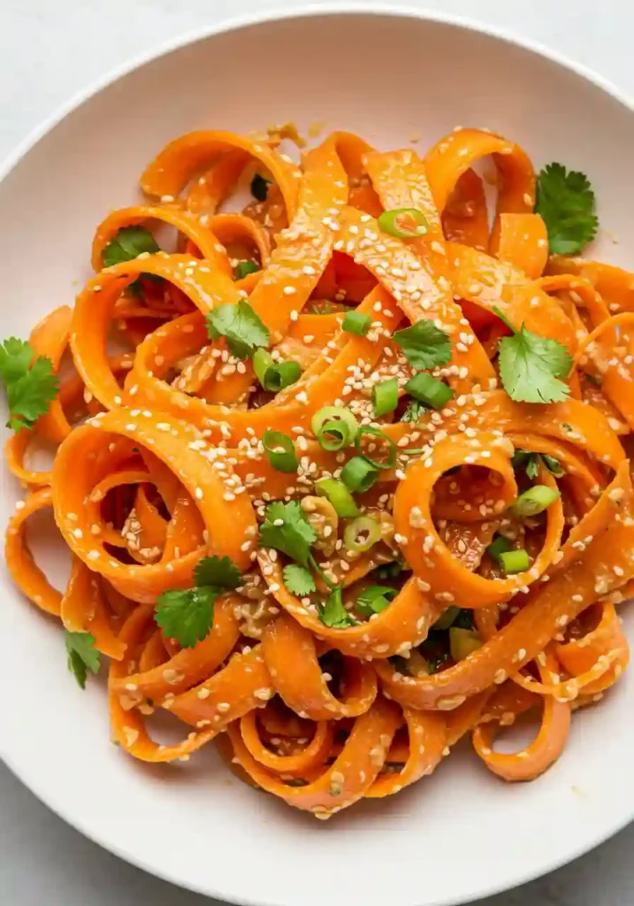 Raw Carrot Salad Recipe Mixing ribboned carrots with Asian dressing and garnishes for Raw Carrot Salad