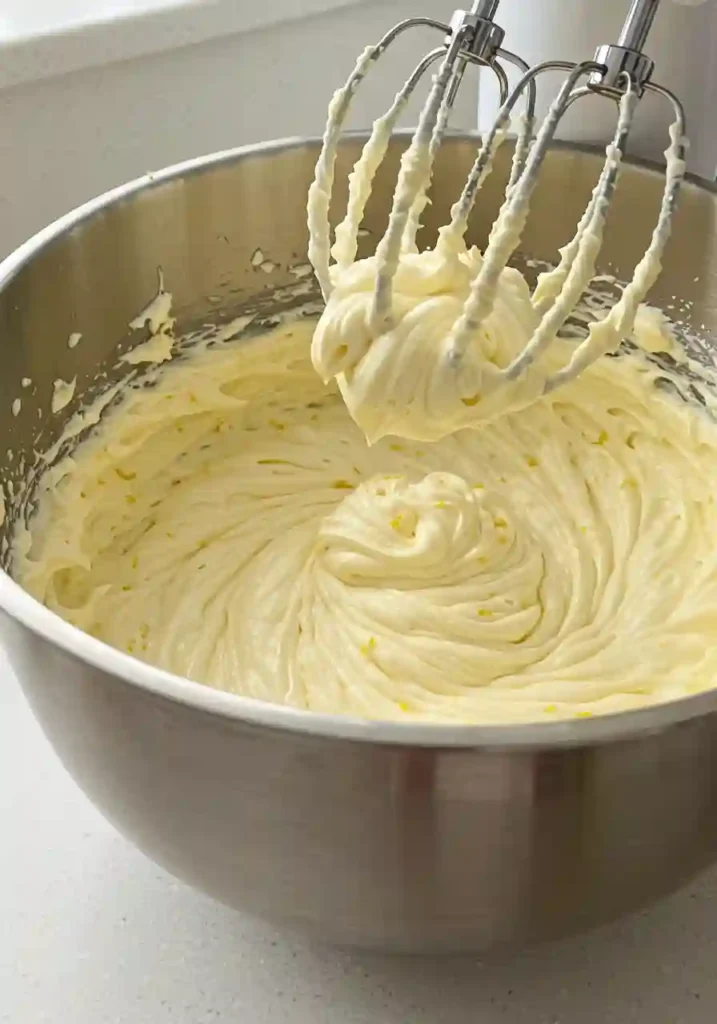 Cream cheese, cream, and lemon mixture being whipped to soft peaks in a mixing bowl