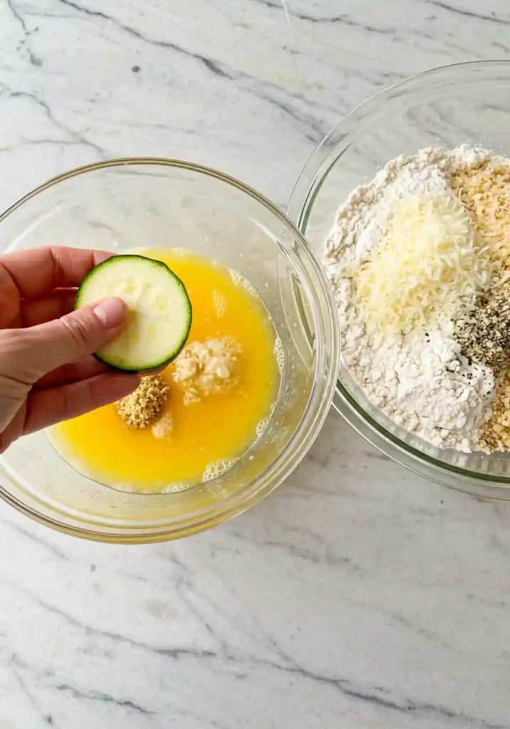 Sliced zucchini rounds arranged on paper towels with salt for moisture removal in Parmesan zucchini recipe preparation