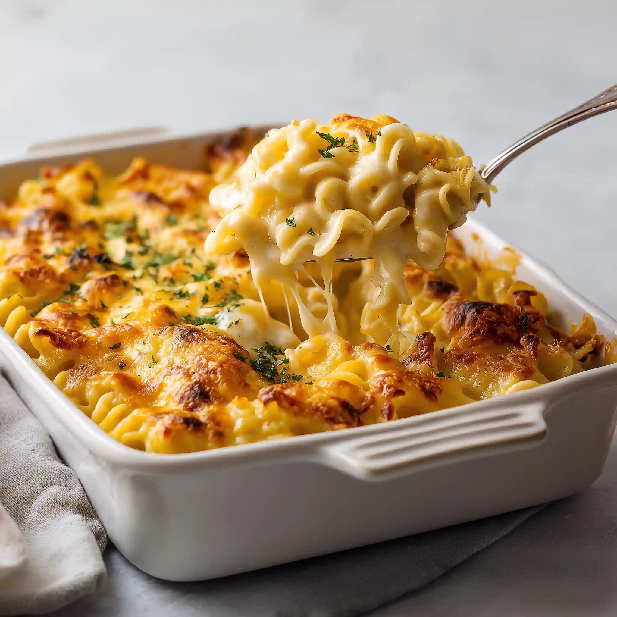A serving of creamy baked mac and cheese being lifted from a white casserole dish, with golden-brown melted cheese and parsley on top.