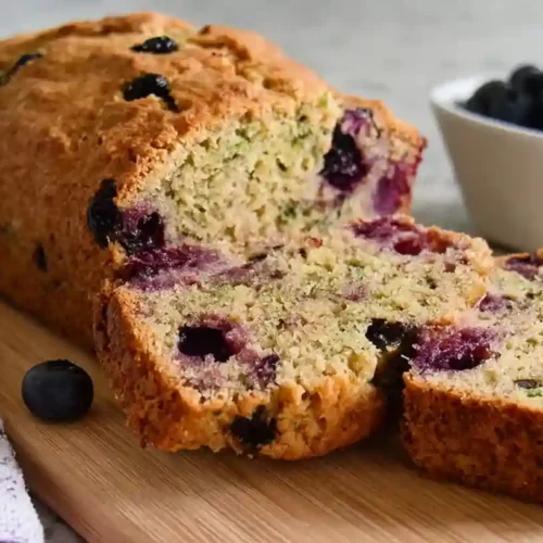 Sliced blueberry zucchini bread on wooden cutting board showing moist texture with fresh blueberries