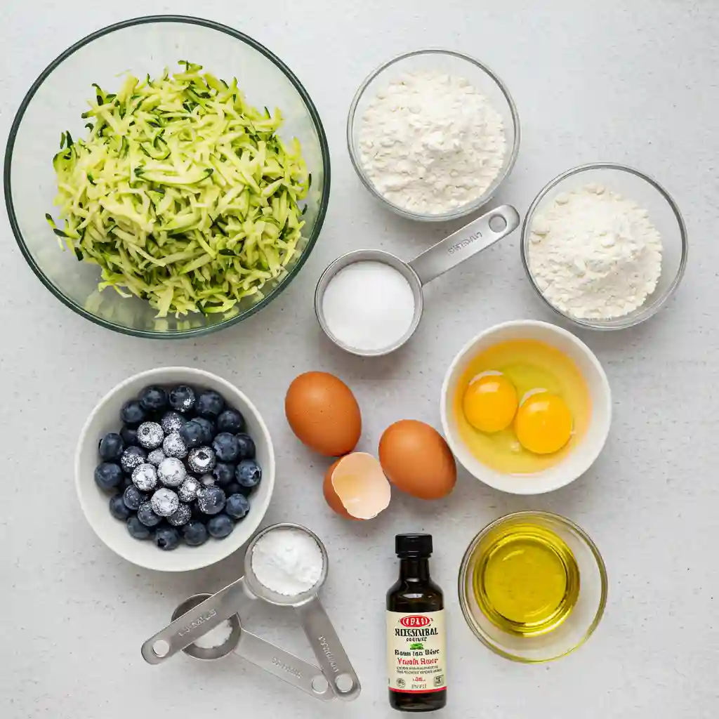 Blueberry zucchini bread ingredients laid out including fresh blueberries, shredded zucchini, flour, eggs, and spices