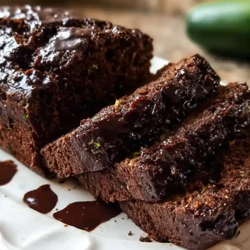 Sliced chocolate zucchini bread on wooden cutting board showing moist dark chocolate interior