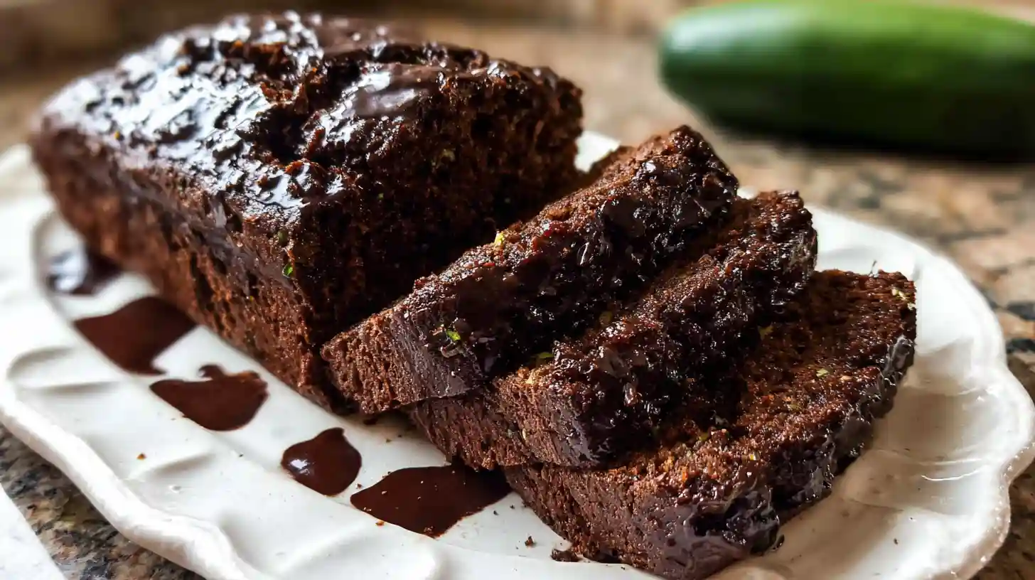 Sliced chocolate zucchini bread on wooden cutting board showing moist dark chocolate interior