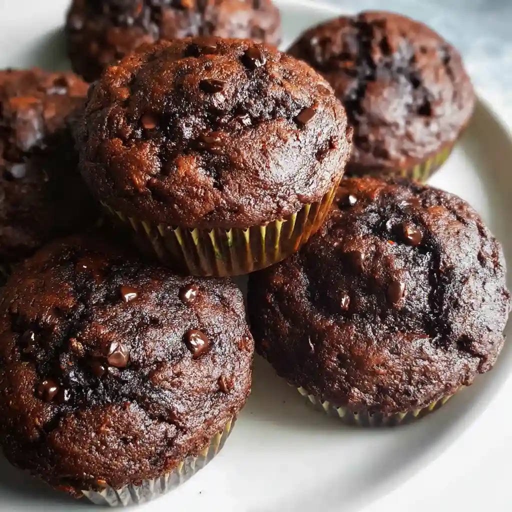 Chocolate Zucchini Muffins Recipe Chocolate zucchini muffins cooling on wire rack after baking, showing golden brown tops and moist texture
