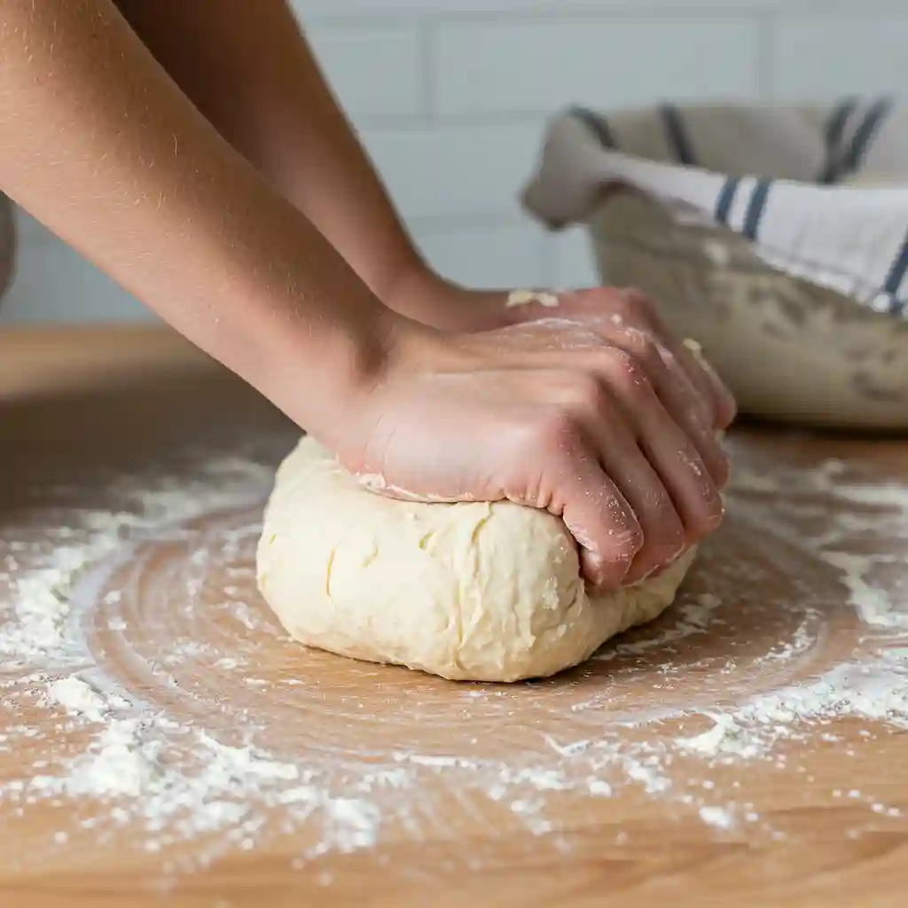 Homemade Fluffy Doughnuts Recipe Hands gently kneading soft donut dough on floured surface showing proper technique for fluffy texture