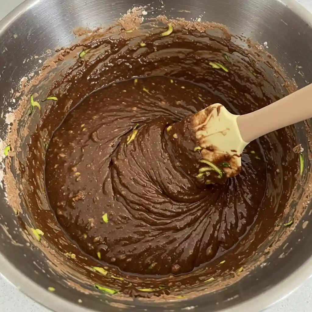 Chocolate Zucchini Muffins Recipe Hands folding wet ingredients into dry ingredients for chocolate zucchini muffins in a large mixing bowl