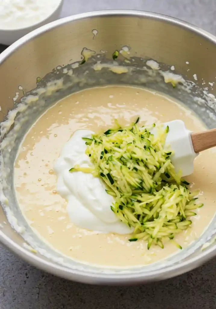 Hands mixing chocolate zucchini bread batter in large bowl with wooden spoon showing thick dark mixture
