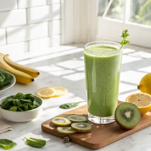 Glowing Green Detox Smoothie 7 Amazing Benefits Quick Recipe Tall glass of glowing green detox smoothie with spinach, banana, kiwi, and lemon ingredients on a white kitchen counter.