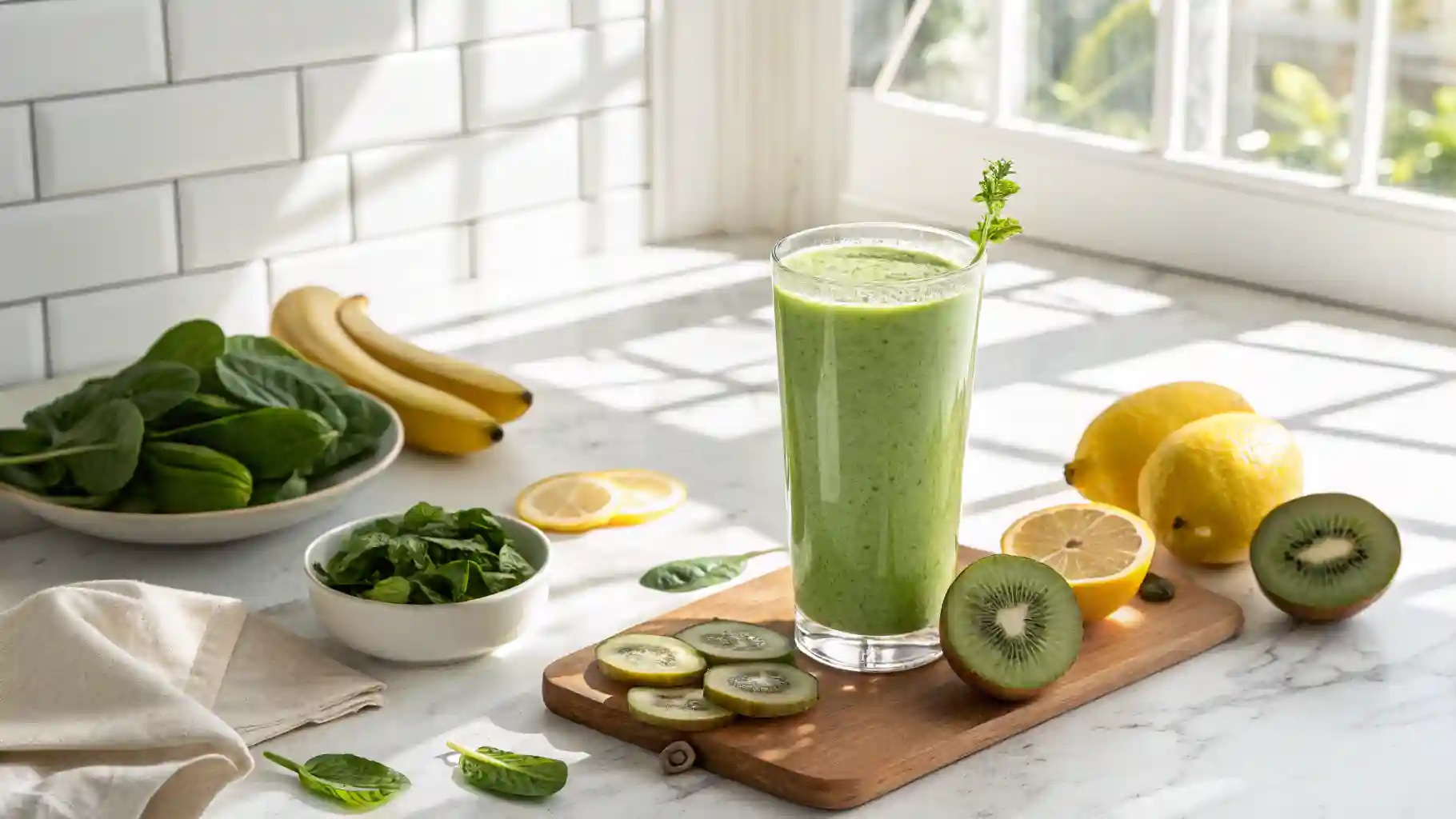 Glowing Green Detox Smoothie 7 Amazing Benefits Quick Recipe Tall glass of glowing green detox smoothie with spinach, banana, kiwi, and lemon ingredients on a white kitchen counter.