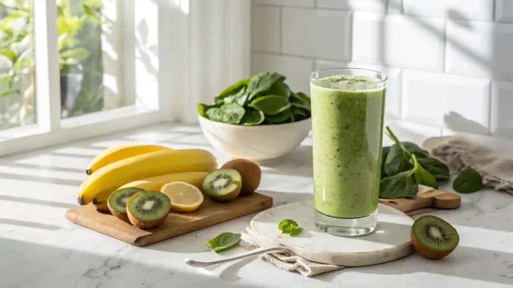 Glowing Green Detox Smoothie 7 Amazing Benefits Quick Recipe Fresh Glowing Green Detox Smoothie in a tall glass with bananas, kiwi, lemon, and spinach on a bright kitchen counter.