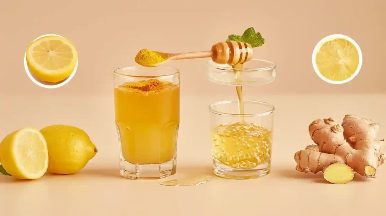 Natural Mounjaro Recipe Flat lay of lemon halves, ginger slices, mint, turmeric, honey, apple cider vinegar, water, and measuring spoons on an off-white surface.