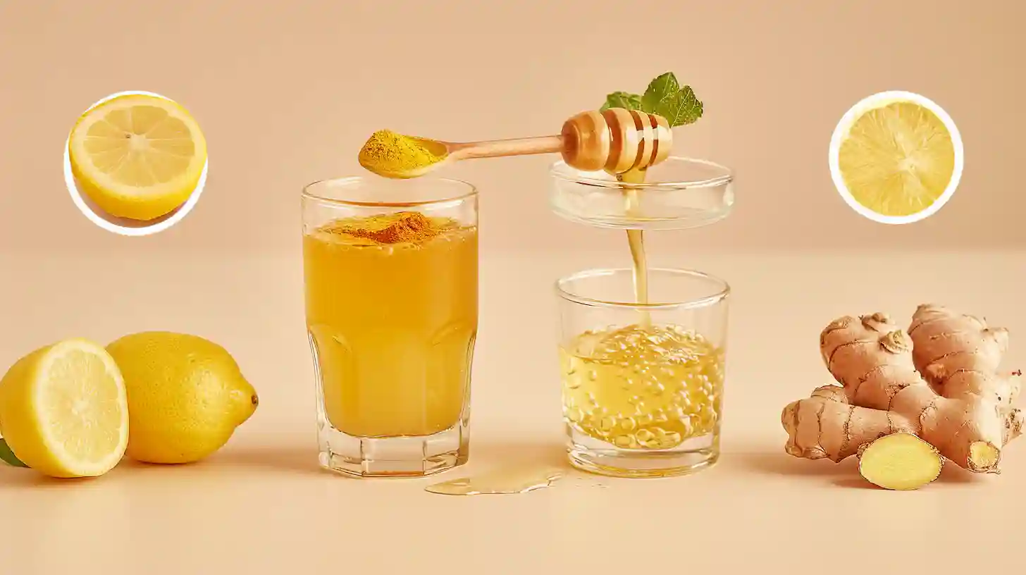 Natural Mounjaro Recipe Flat lay of lemon halves, ginger slices, mint, turmeric, honey, apple cider vinegar, water, and measuring spoons on an off-white surface.