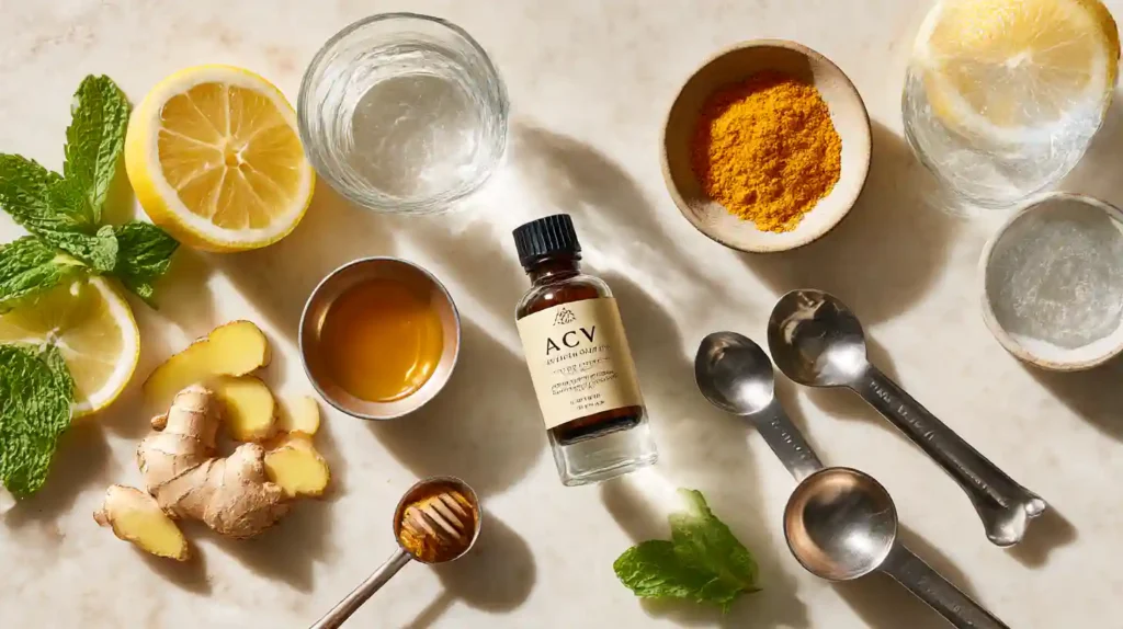 Natural Mounjaro Recipe (Advanced Guide) Flat lay of lemon, ginger root and slices, mint, bowls of turmeric and honey, apple cider vinegar, water glass, and measuring spoons on a light surface.