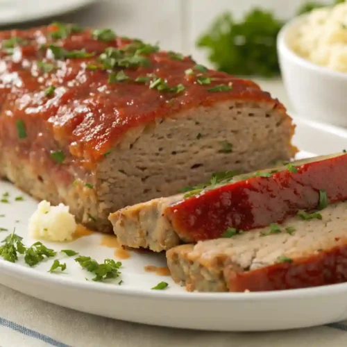 Classic Meatloaf Recipe with tomato glaze sliced and served on a white plate, garnished with fresh parsley and mashed potatoes in the background.