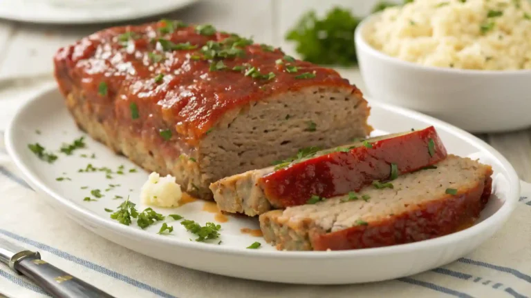 Classic Meatloaf Recipe with tomato glaze sliced and served on a white plate, garnished with fresh parsley and mashed potatoes in the background.