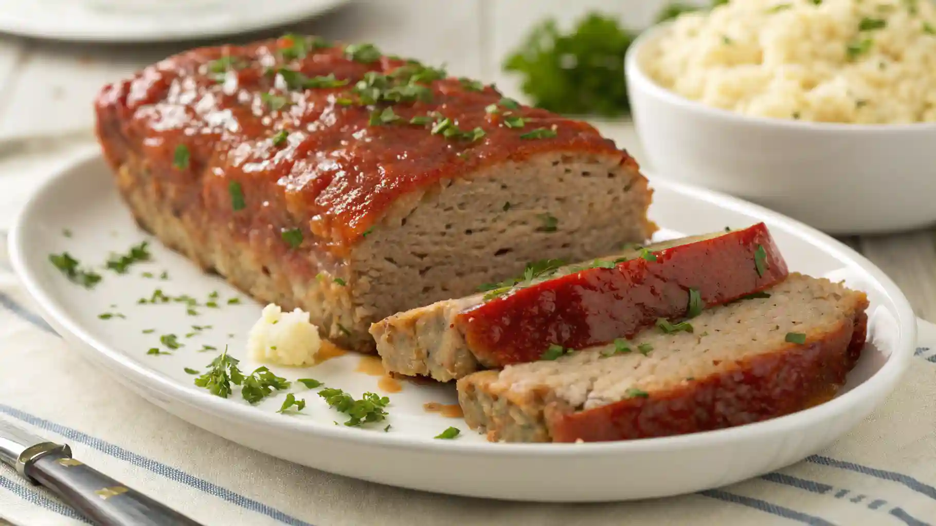 The Best Classic Meatloaf Recipe Classic Meatloaf Recipe with tomato glaze sliced and served on a white plate, garnished with fresh parsley and mashed potatoes in the background.