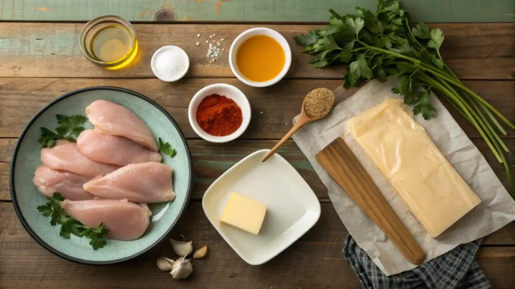 Flat lay of Texas Roadhouse Butter Chicken Skillet ingredients including raw chicken breasts, olive oil, butter, honey, smoked paprika, garlic, black pepper, salt, and fresh parsley.