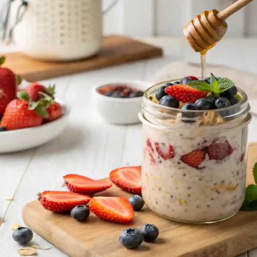 overnight oats recipe in a glass jar topped with fresh strawberries, blueberries, and a drizzle of honey on a kitchen counter.